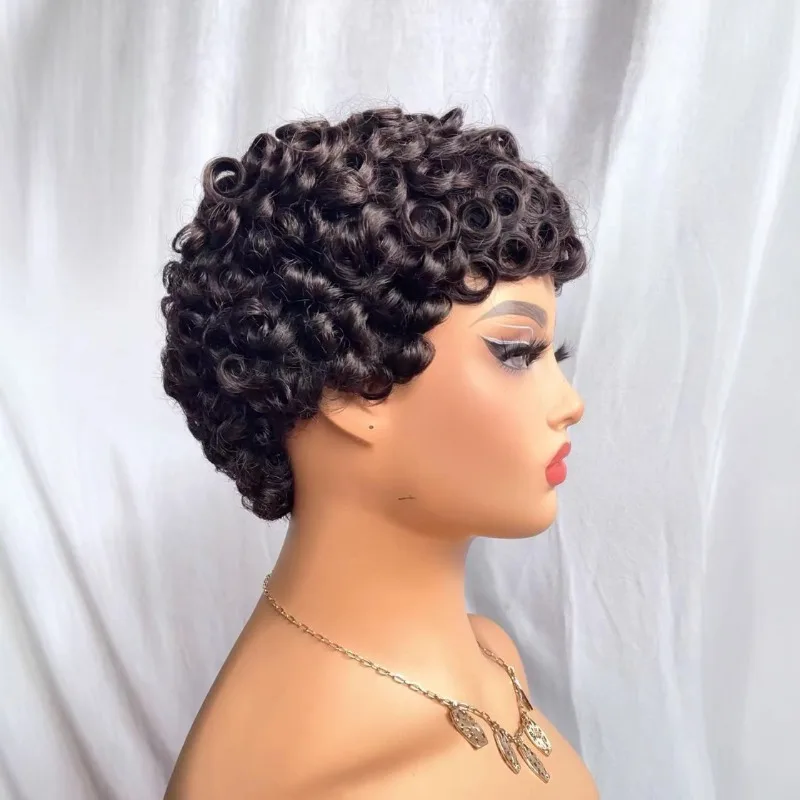 Hochwertige natürliche schwarze gelockte 100% Echthaar-Perücke, kurzer Pixie-Schnitt für Frauen, 6'' Remy-Haar, kleberlose Perücken – Detail 3