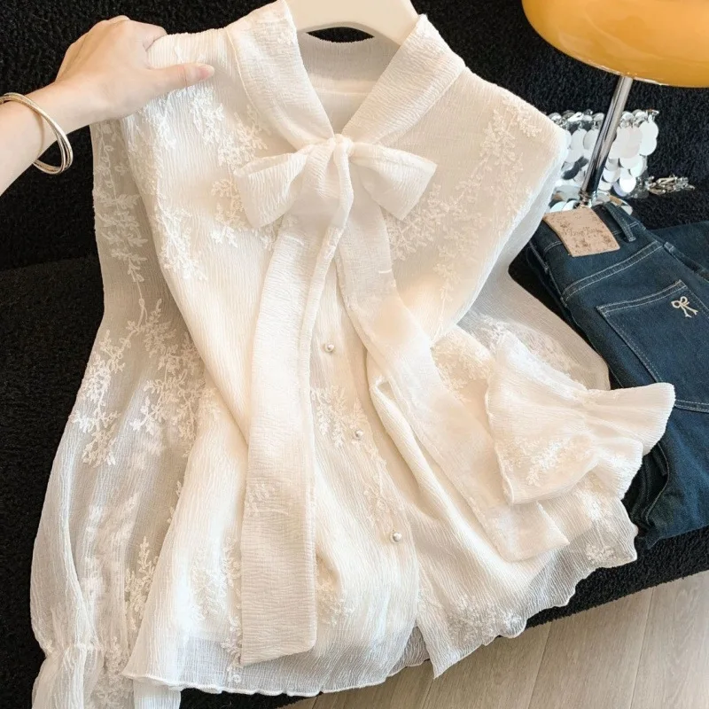 

Flower Embroidery Korean Blouse Women Clothing Fashion Bandage Bow Shirts Office Lady All Match Tops 2026 Blusas Mujer De Moda