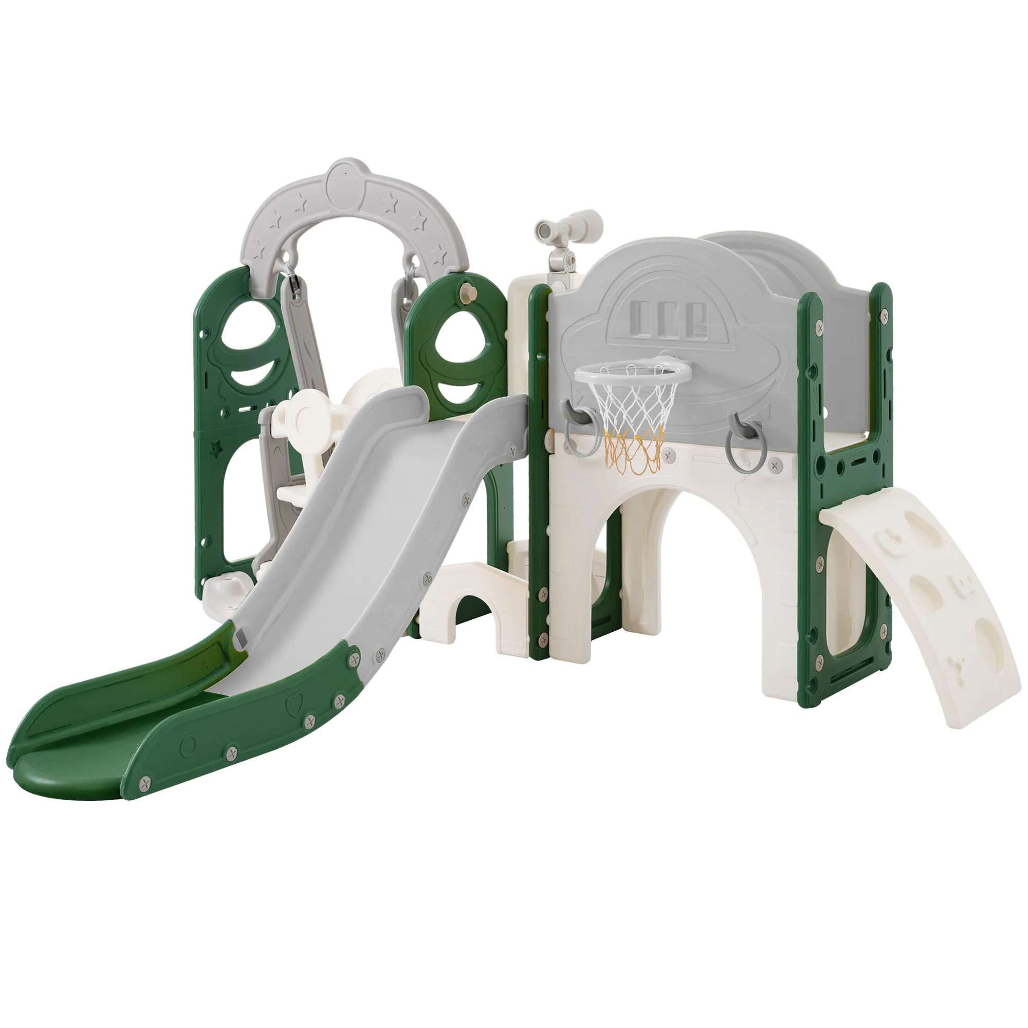 Set scivolo e altalena per bambini 7 in 1, Set da gioco per scalatore per parco giochi per bambini con combinazione autoportante per canestro da basket per Babi