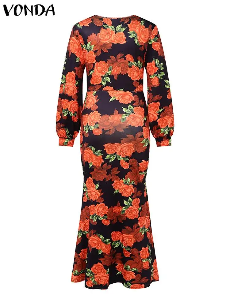 VONDA-Robe bohème à col en V profond pour femmes, robe sexy à manches longues, imprimé floral, haute fente, style européen éducatif, 2024