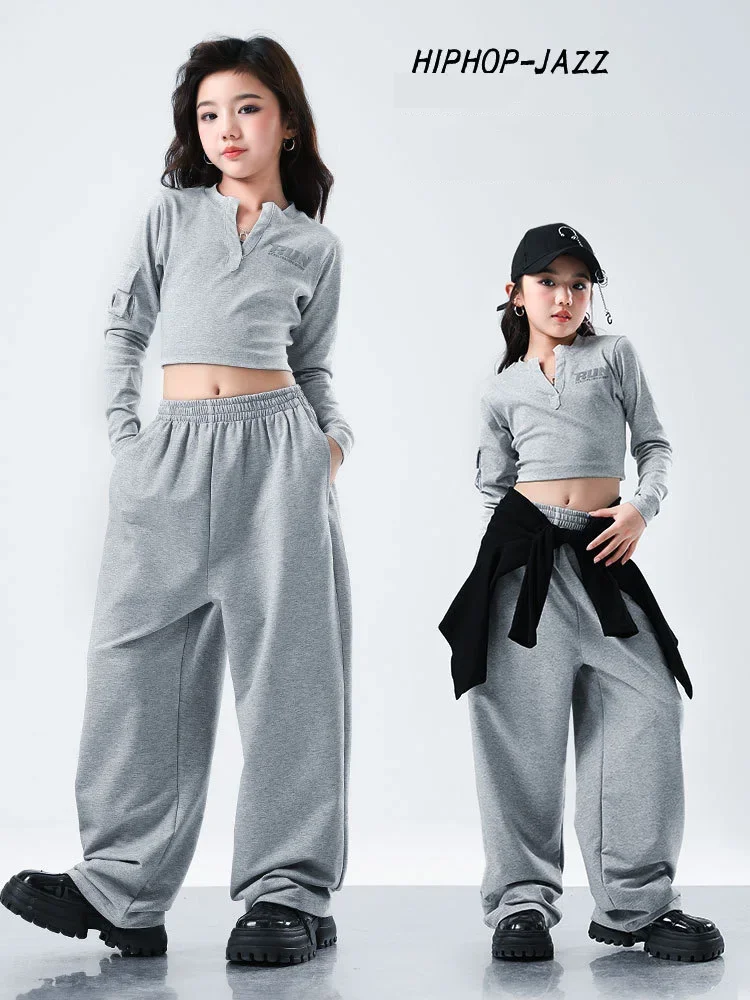 Girls Kpop Hip Hop Clothing Gray Tops Pants Set for Kid Jazz Dance Costume Catwalk Dance Performance Clothes