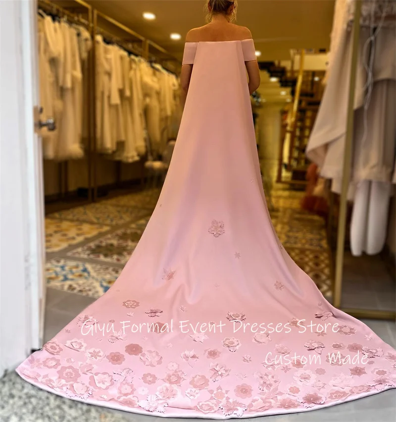 Giyu Elegant Blush Pink Evening Dresses Dubai Arabic Women Off Shoulder 3D Flowers Formal Occasion Party Dress Prom Gown