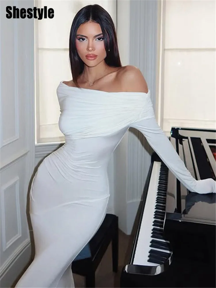 Shestyle الأبيض قبالة الكتف البوق فستان طويل المرأة الصلبة أنيقة نعمة مائل الرقبة التداخل Bodycon تاريخ الملابس 2025 جديد
