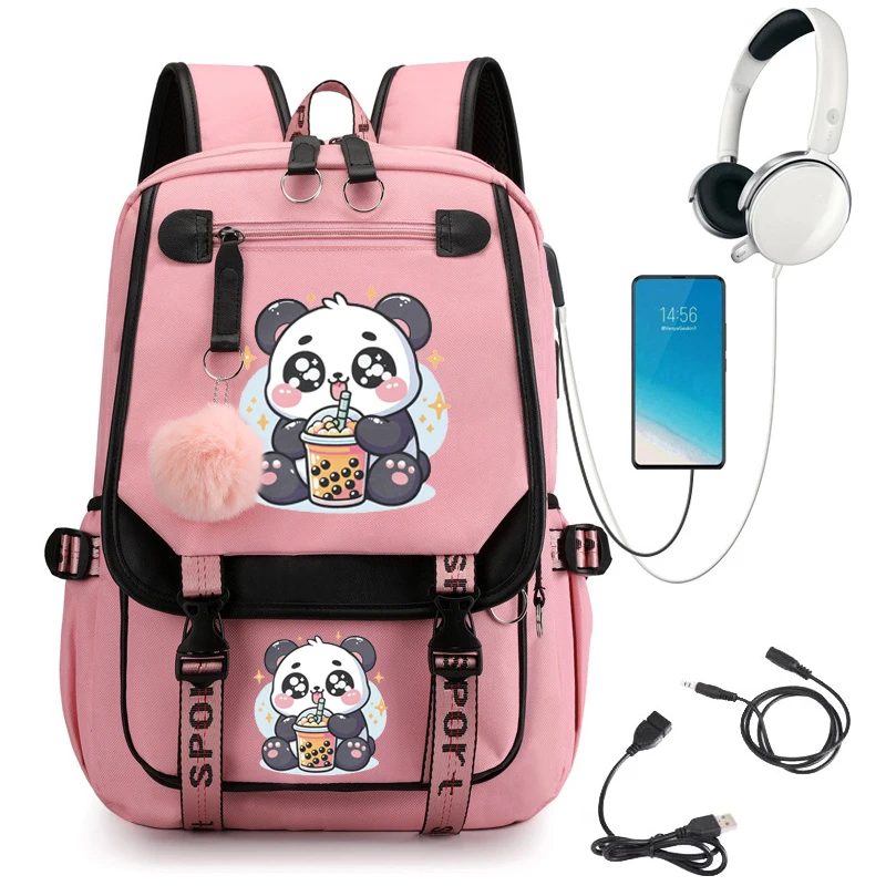 Plecak dla studentów codzienna torba na ramię Panda herbata Boba z Anime Kawaii torba na laptopa z modą podróżną plecak z Usb na laptopa