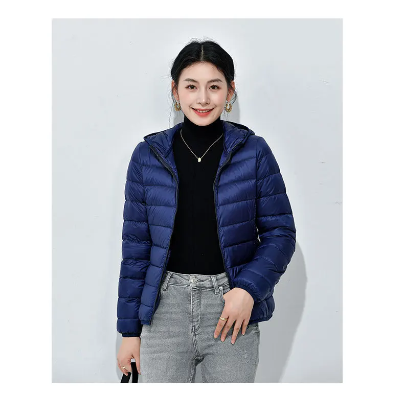 Women's Lightweight Casual Hooded Down Jacket Autumn Winter Minimalist Short Down Coats Female Solid Color Zipper Warm Outerwear