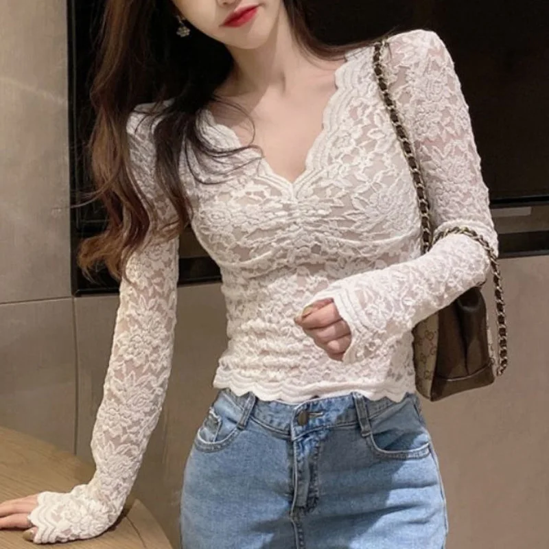 2023 New Spring and Autumn Fashion Western Style Slim Fit Sexy V-neck Mesh Hollow Solid Color Versatile Women\'s T-shirt