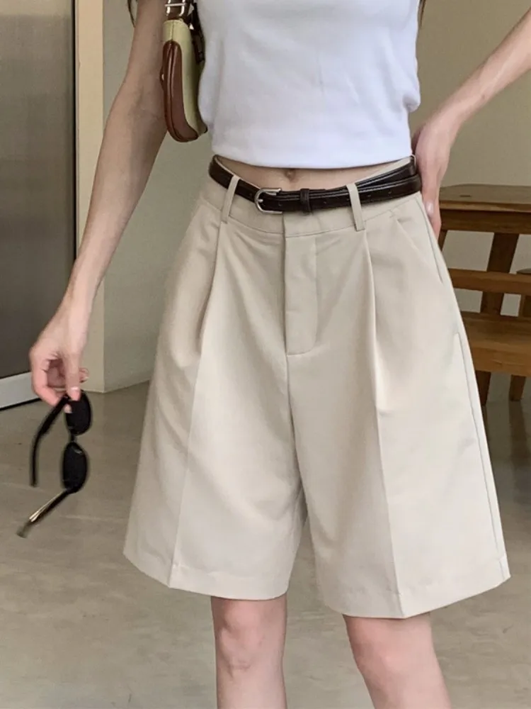 

ZHISILAO New Knee Length Shorts Women Elegant Solid Casual High Waist Wide Leg Shorts Summer 2023