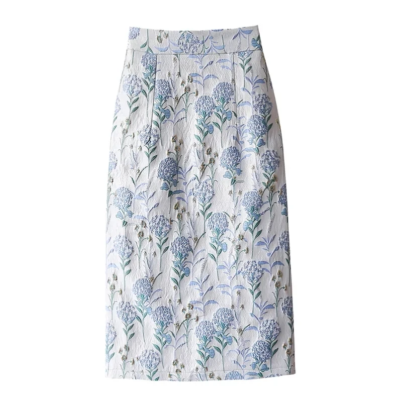 Vintage Flower Oil painting Wind Skirt Womens Spring Summer New High-waist Jacquard Mid-length Slit Skirt Faldas Mujer Moda