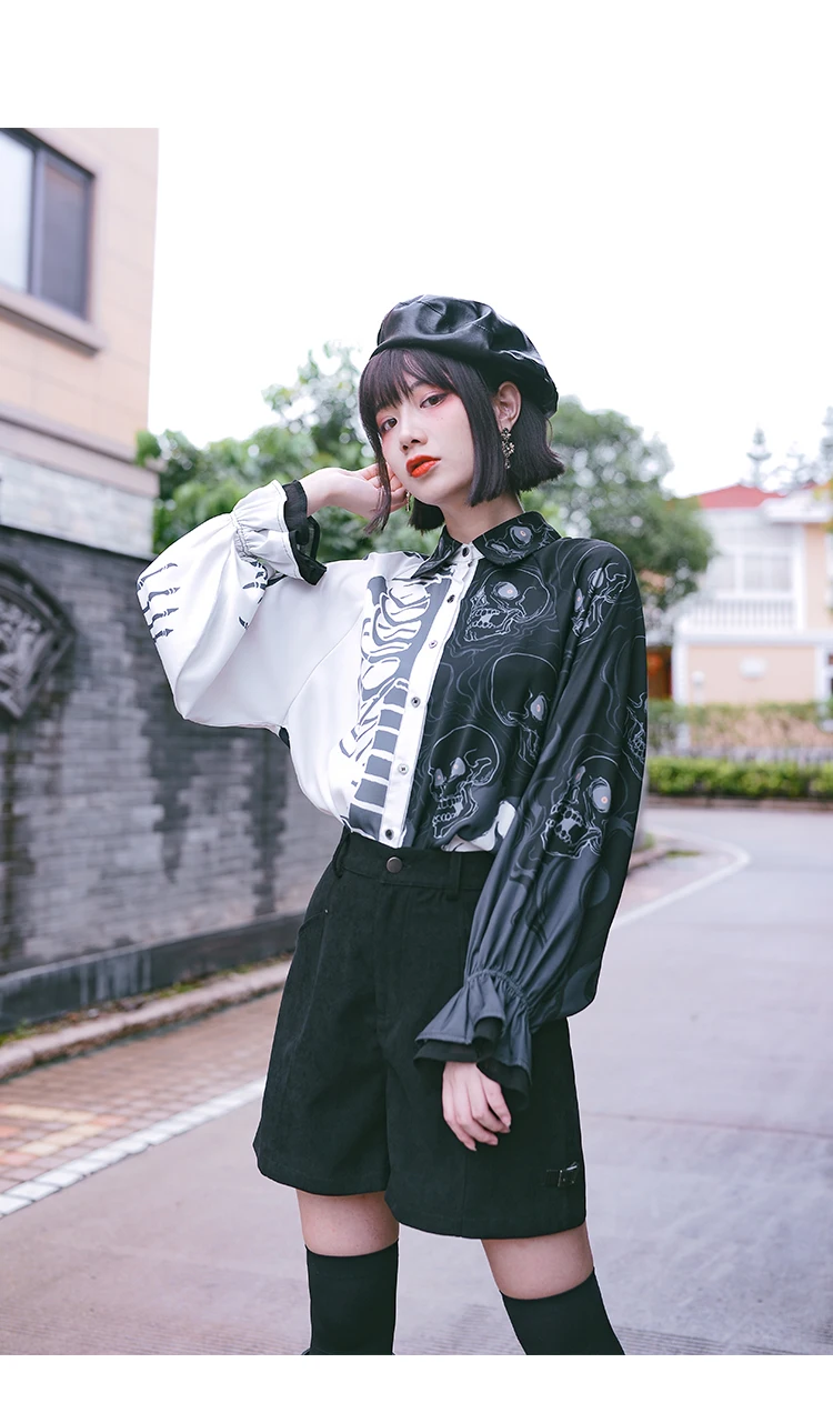 Temperament Asymmetrical Printed Lantern Sleeves Retro Punk Shirt Spring Summer Turn-down Collar Women's Personality Chic Shirts