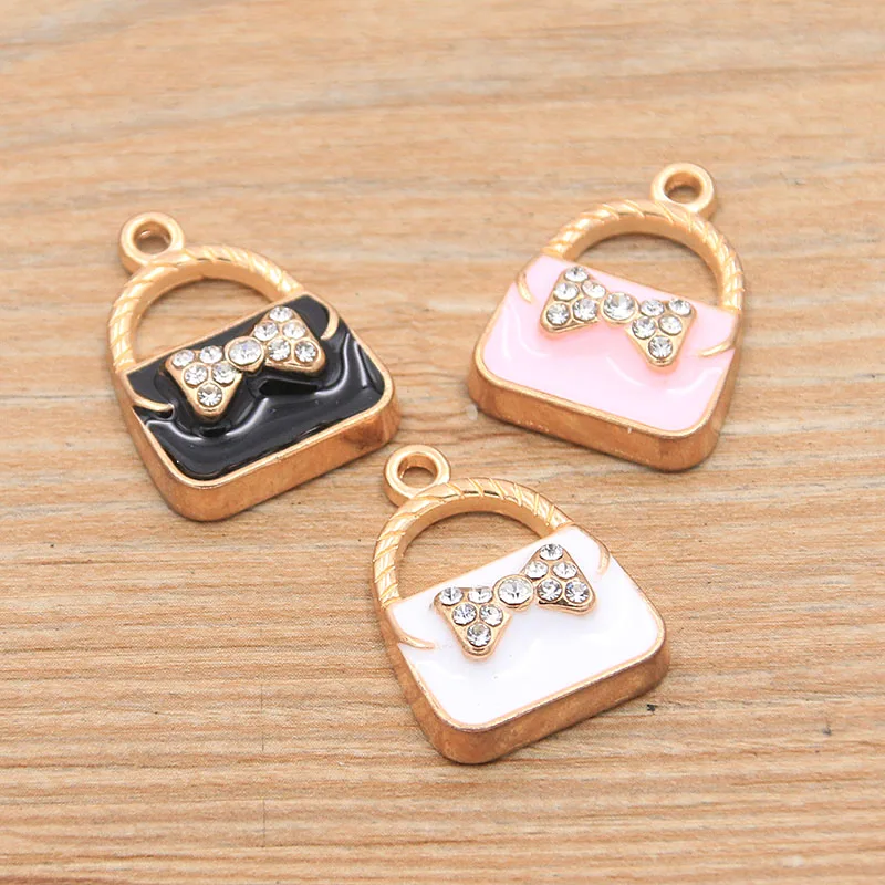 PULCHRITUDE 6pcs 17*24mm 3 Color Alloy Metal Drop Oil Ladies Bow Bags Charms Pendant For DIY Bracelet Necklace Jewelry Making