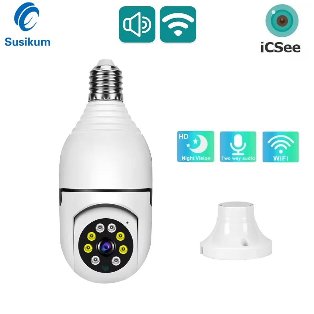3MP Surveillance E27 Bulb WIFI Camera Color Night Vision Auto Tracking Indoor Security Protection CCTV Camera ICSee APP
