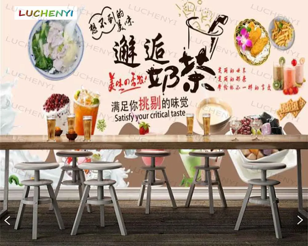 

Papel de parede custom food snacks 3d wallpaper mural,drink restaurant milk tea juice shop dining room wall papers sticker