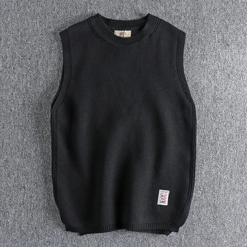 

Autumn Winter New American Trend High Street round Neck Knitted Vest Men Color Retro Versatile Sleeveless Shoulder Pad Top