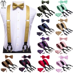 Hi-Tie Jacquard Woven Gold Mens Suspender Braces Bow Tie Hanky Cufflinks Set For Men Adjustable Elastic Galluses for Men