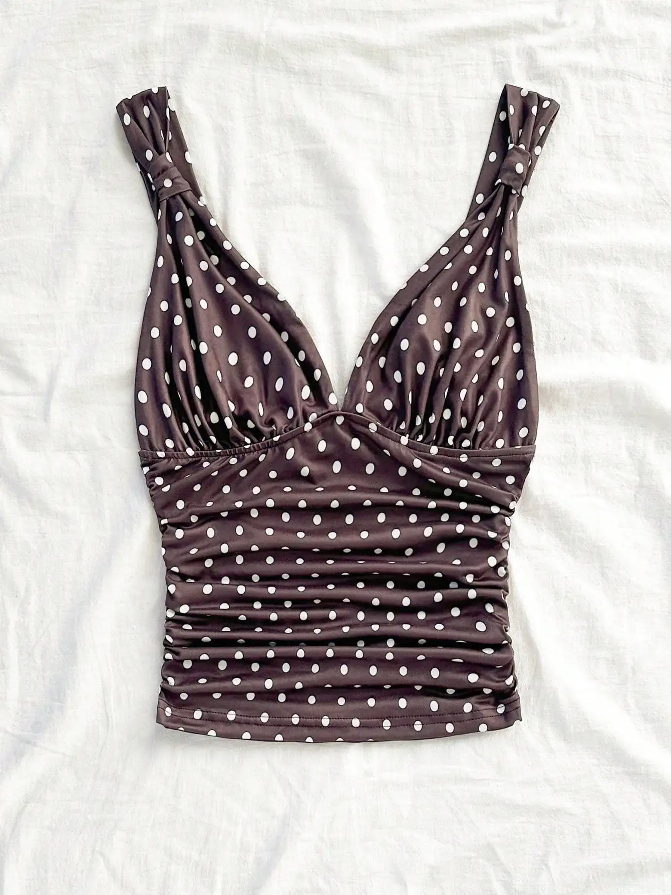 Elegant Women's Vacation Polka‑Dot Knitted Twisted Strap Ruched Slim‑Fit Cami Top