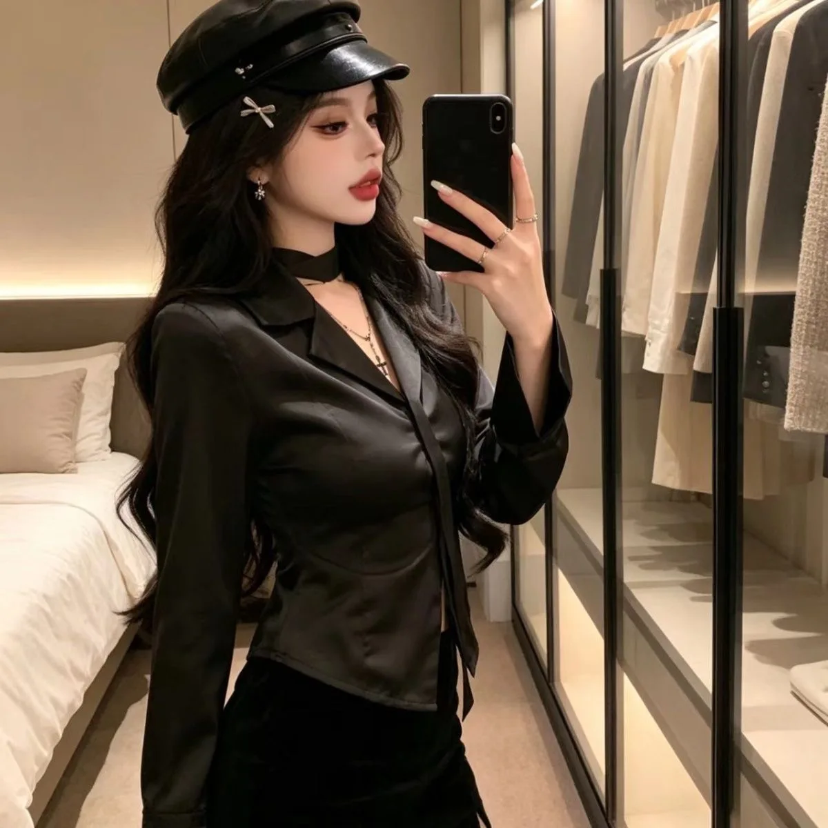 

Red Sash Long Sleeve Chiffon Shirt Women's Early Spring Slim Fit Suit Collar Shirt Elegant High-End Feeling Top