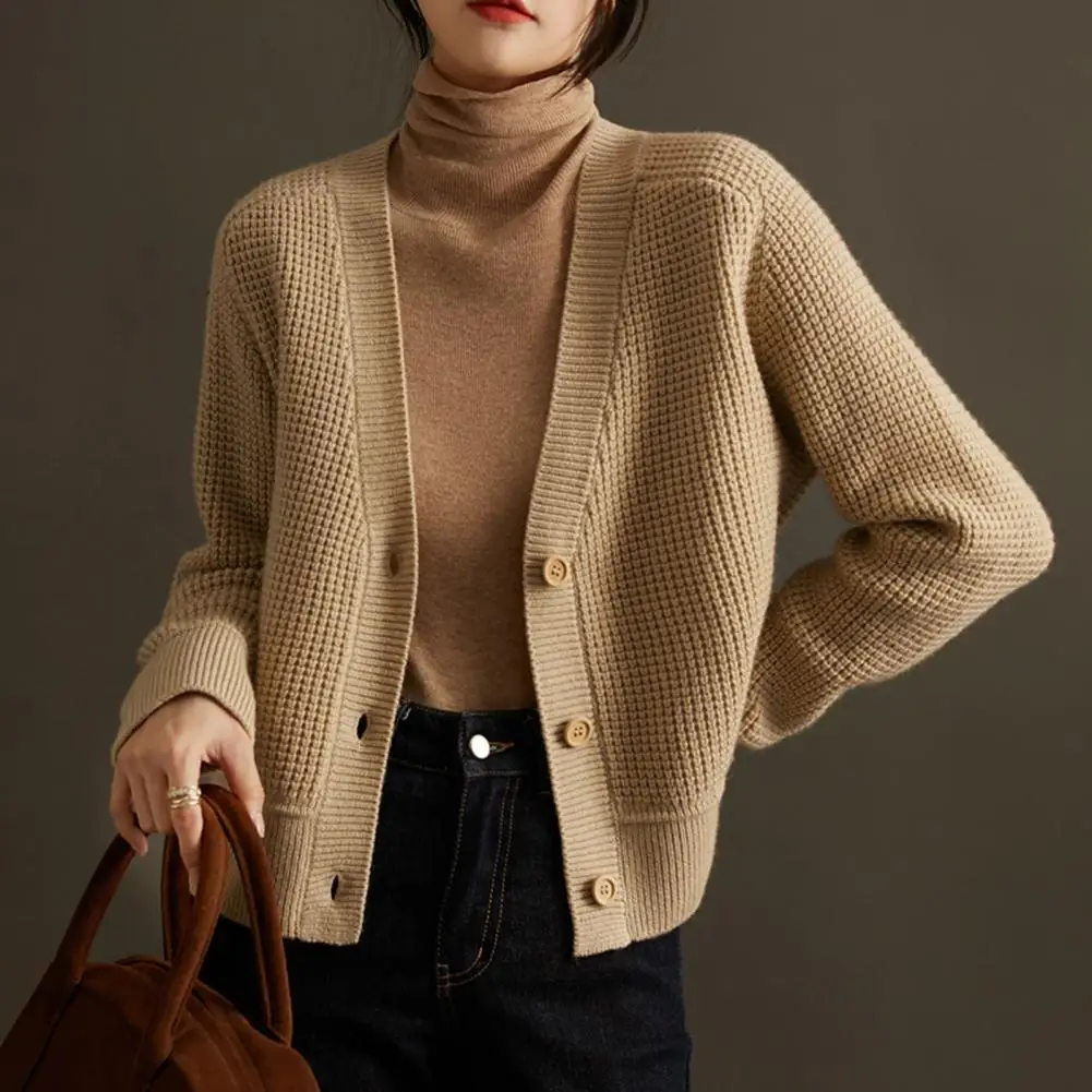 

Fall Sweater V-neck Ribbed Trim Sweater Coat for Women Long Sleeve Knitting Outwear Solid Color Loose Fit Tops for Travel