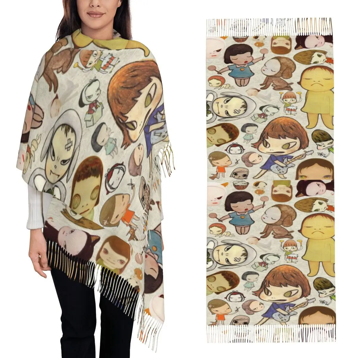 

Забавный шарф Yoshitomo Nara, шарфы с кисточками, женские мягкие теплые шали и накидки, большая осенне-зимняя шаль