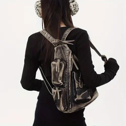 Women's Fashion Vintage Distressed Backpack Washed Vegan Leather Multi-Pocket Shoulder Crossbody Bag