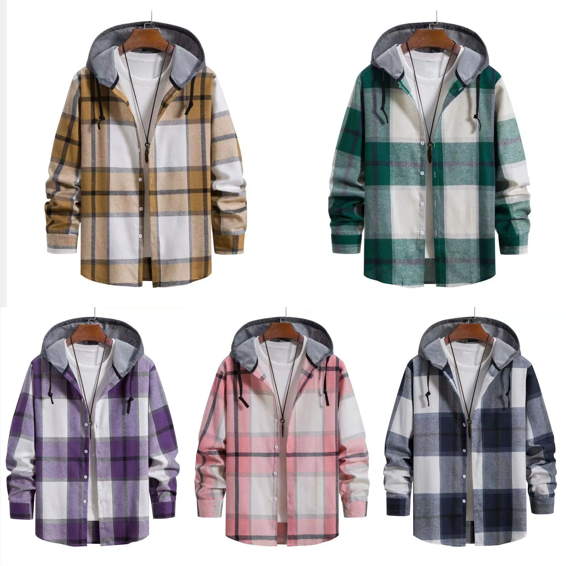 

Men's Checkered Long Sved Shirt Hooded Plaid Print Casual Comfortable Fit Summer Fashion Inner Wear Female Model for Reference
