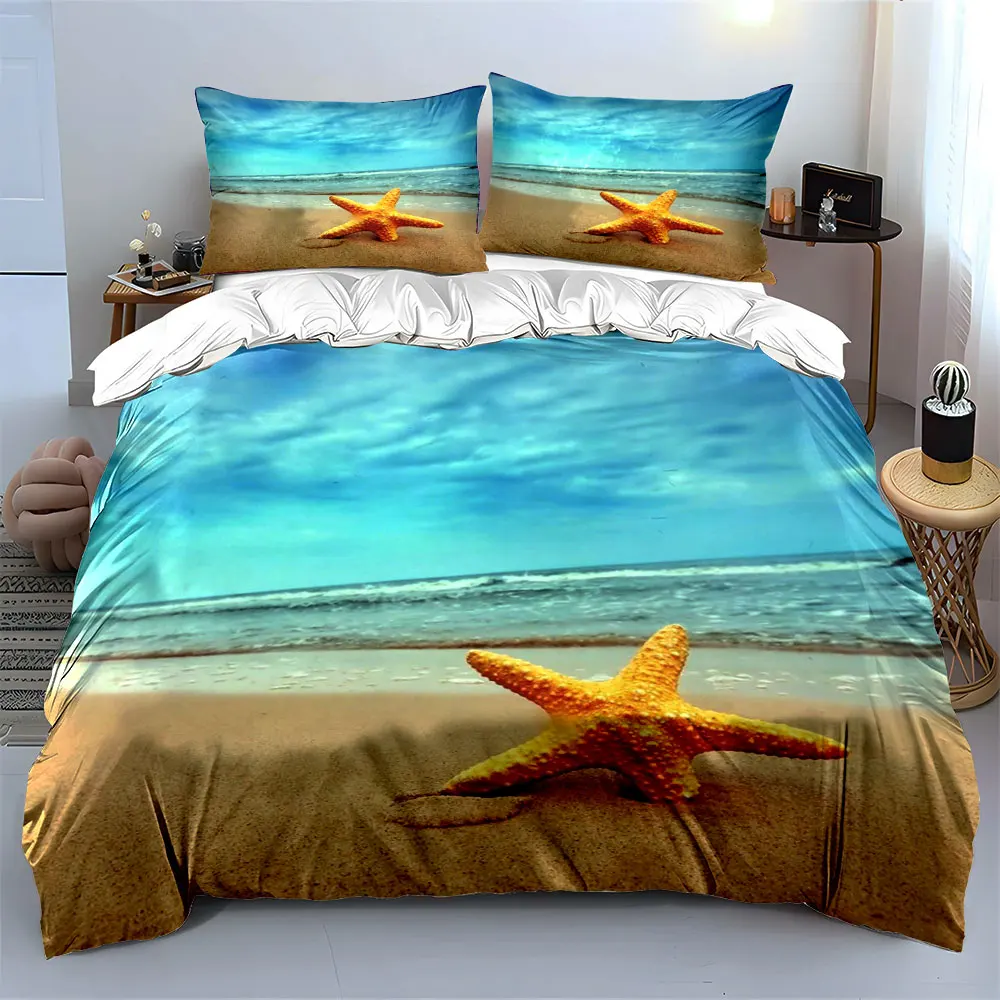 Yellow starfish on the beach Bedding Set for Kids Luxury Gift 3pcs Digital Print Comforter Set Soft Comfortable Breathable