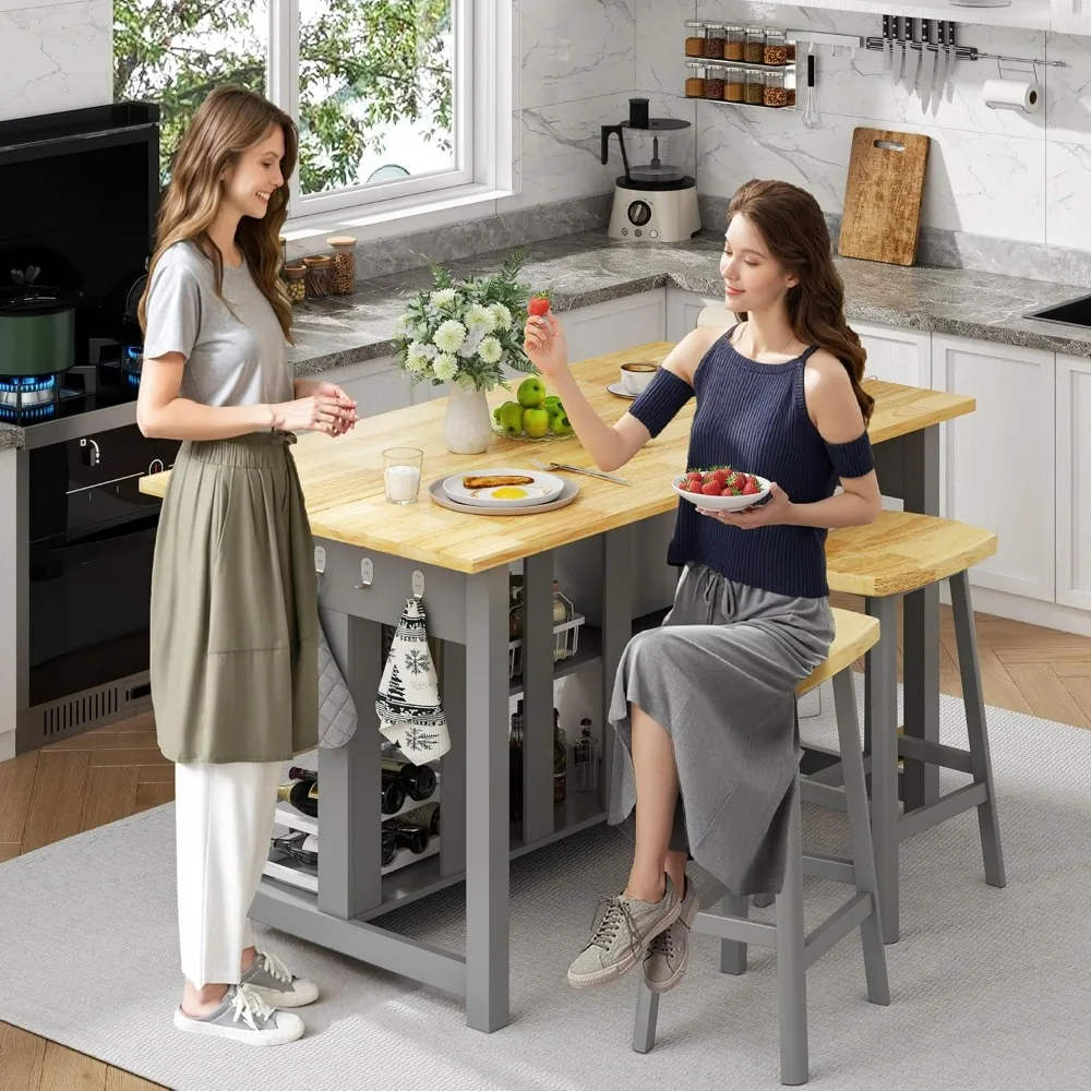 

Extra Large 47.3 Inch Solid Rubberwood Kitchen Island with Power Outlets 2 Drawers And Open Shelves Home Storage Cabinet