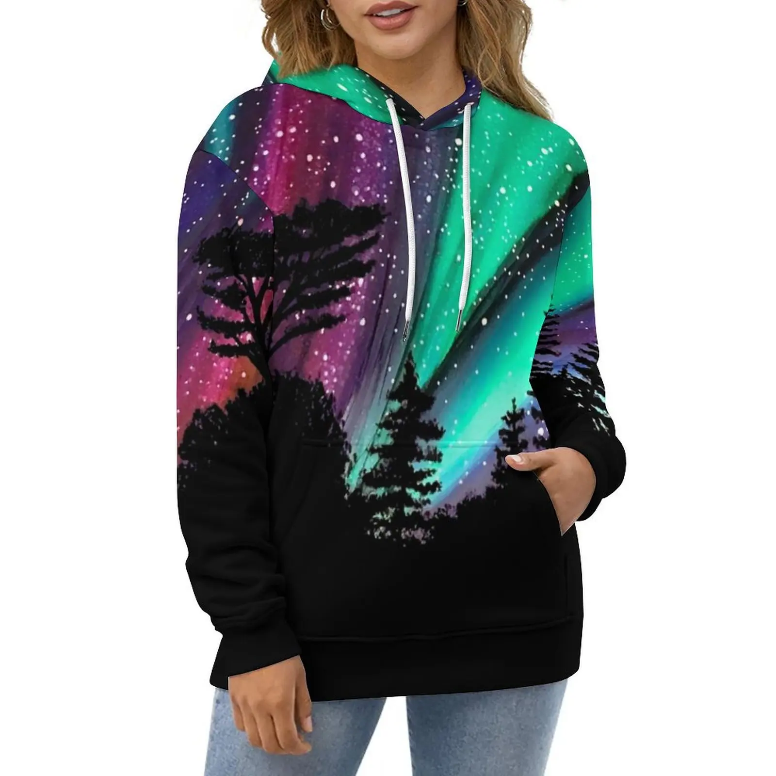 Winter Night Sky Casual Hoodies Northern Lights Print Modern Pullover Hoodie Female Long-Sleeve Street Wear Loose Oversize Top