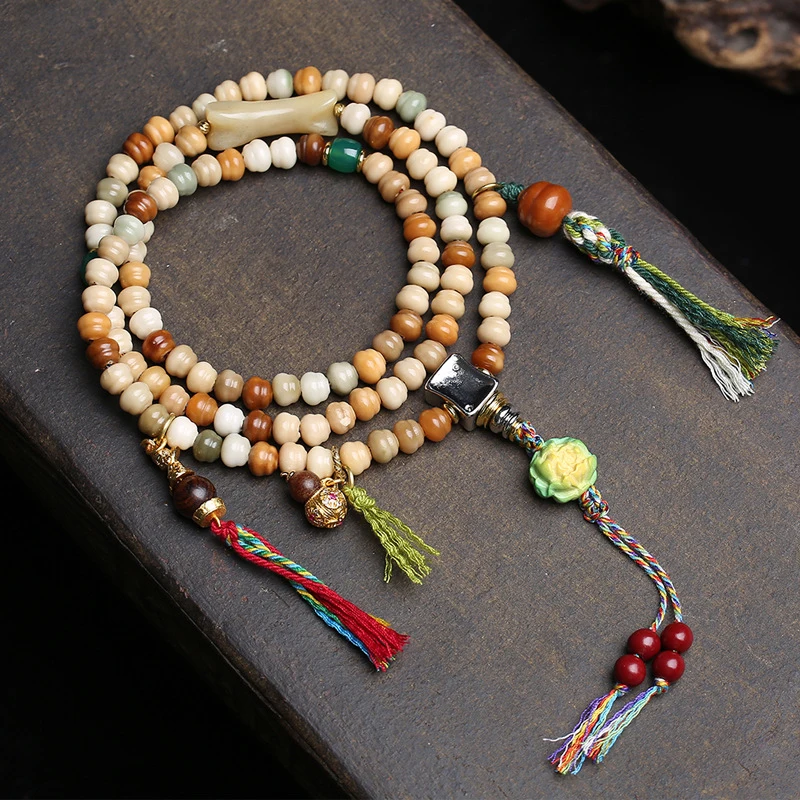 Longshi Bodhi 108-bead multi-loop bracelet with Tibetan silver three-way agate monkey gourd accessories