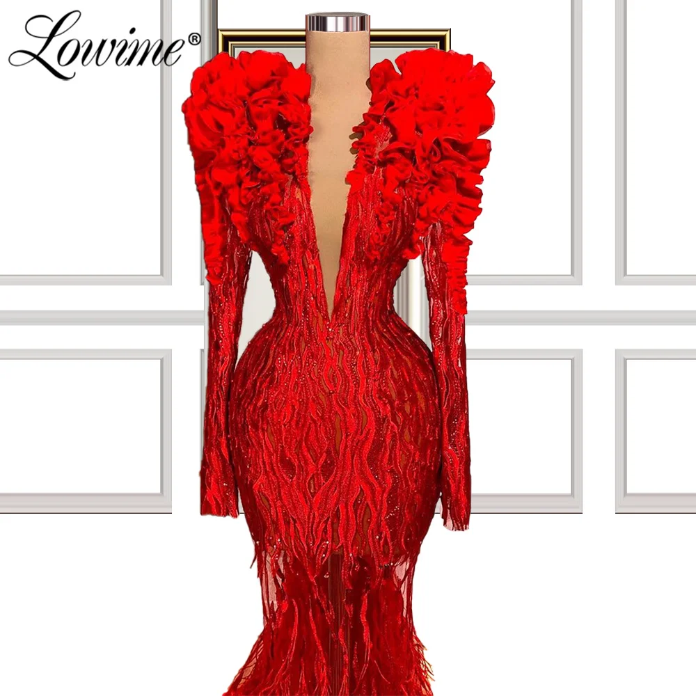 Lowime Deep V Neck Women Evening Gown Plus Size Long Sleeve Feather Mermaid See through Prom Dress Robe De Soiree 2022 Customize