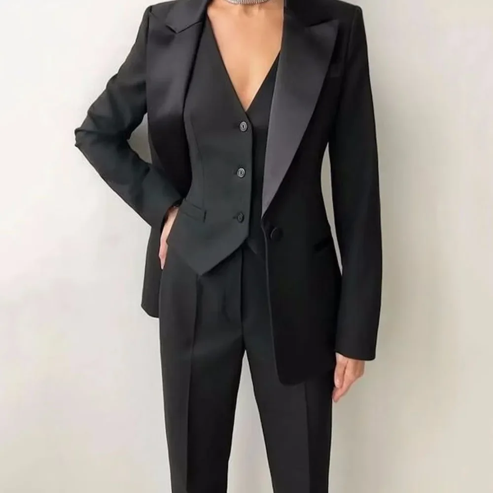 Black Satin Peak Lapel Women Suits 3 Piece Classic One Button Solid Slim Casual Wear Elegant Business Office Lady Pants Sets