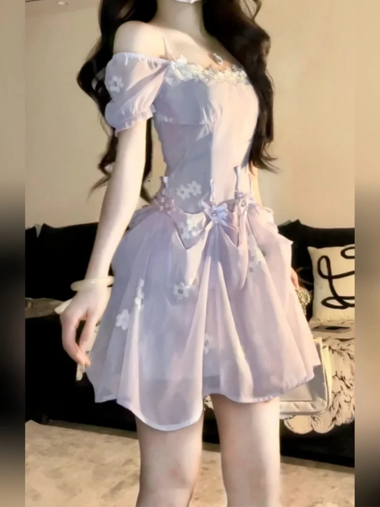 

Sweet Sle Princ Dr Women's Design Slimming A-Line Skirt ort Sve High Waist Bubble Sve Casual Summer Dr