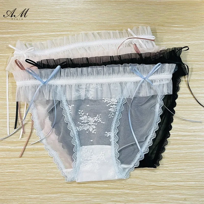 Japanese Straps Thongs Mesh Lace Panties Women Underwear Low-waist Sweet Student Kawaii Lolita See Through Briefs Sexy Lingerie