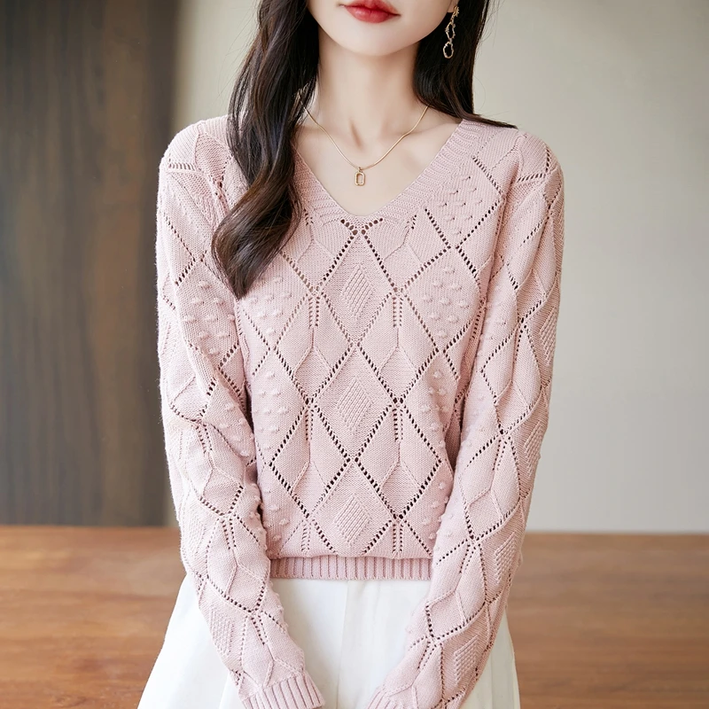 Autumn and winter new women's solid color V-neck pullover 100% pure cotton high-end hollow sweater loose hot selling women's top