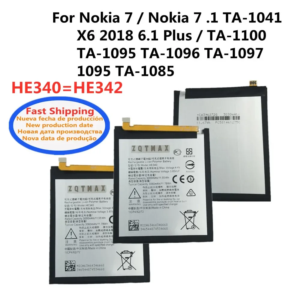 HE342 HE340 Battery For Nokia 6.1 Plus / 7 / 7.1 TA-1041 / X6 2018 TA-1095 TA-1096 TA-1097 TA- 1100 1085 Phone Bateria In Stock