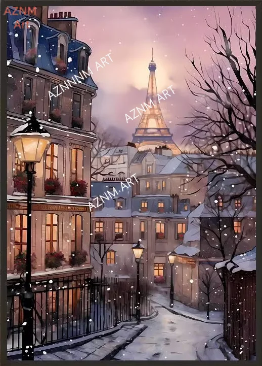 Romantic Winter Snow At Night In Paris Snow House Poster Self-adhesive Art Waterproof Paper Sticker Coffee House Bar Room