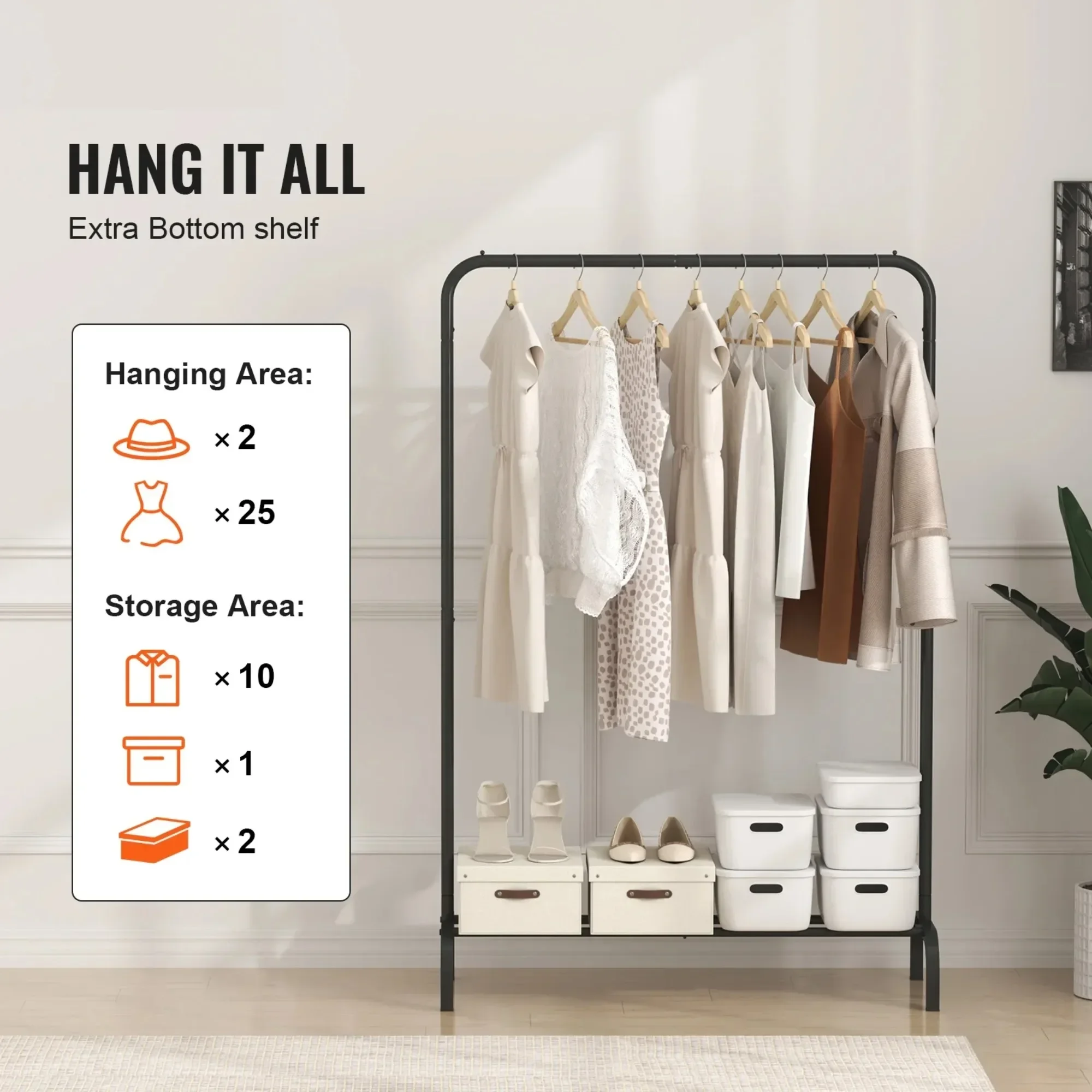 رف ملابس أسود شديد التحمل - مع قضيب تعليق وتخزين أدناه - توفر مساحة متينة لمنظم غرفة النوم في الخزانة