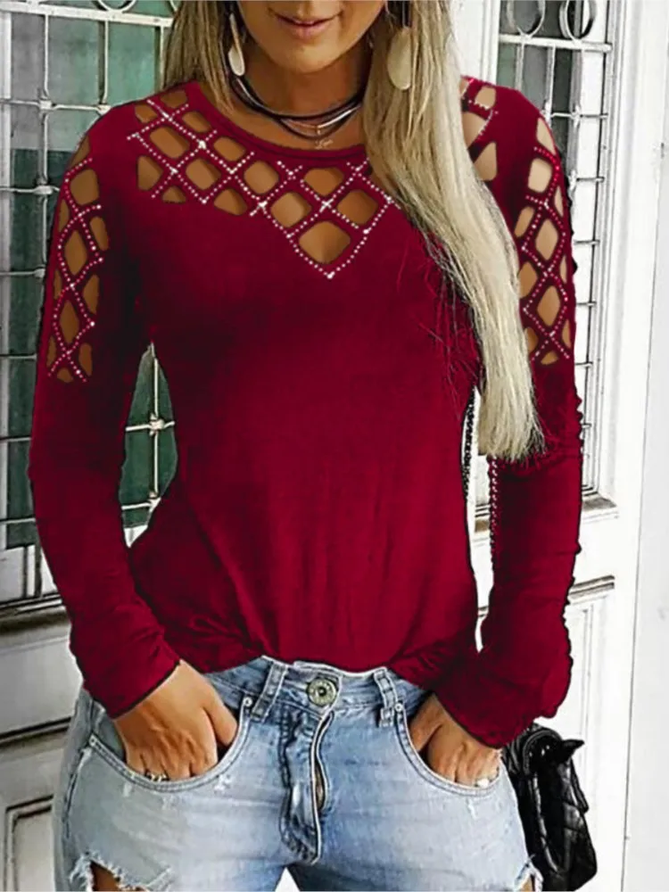 Jesienno-zimowa nowa moda damska Solid Color Hollow Diamond Splicing Koszulka z długim rękawem Casual Wygodny top dla kobiet