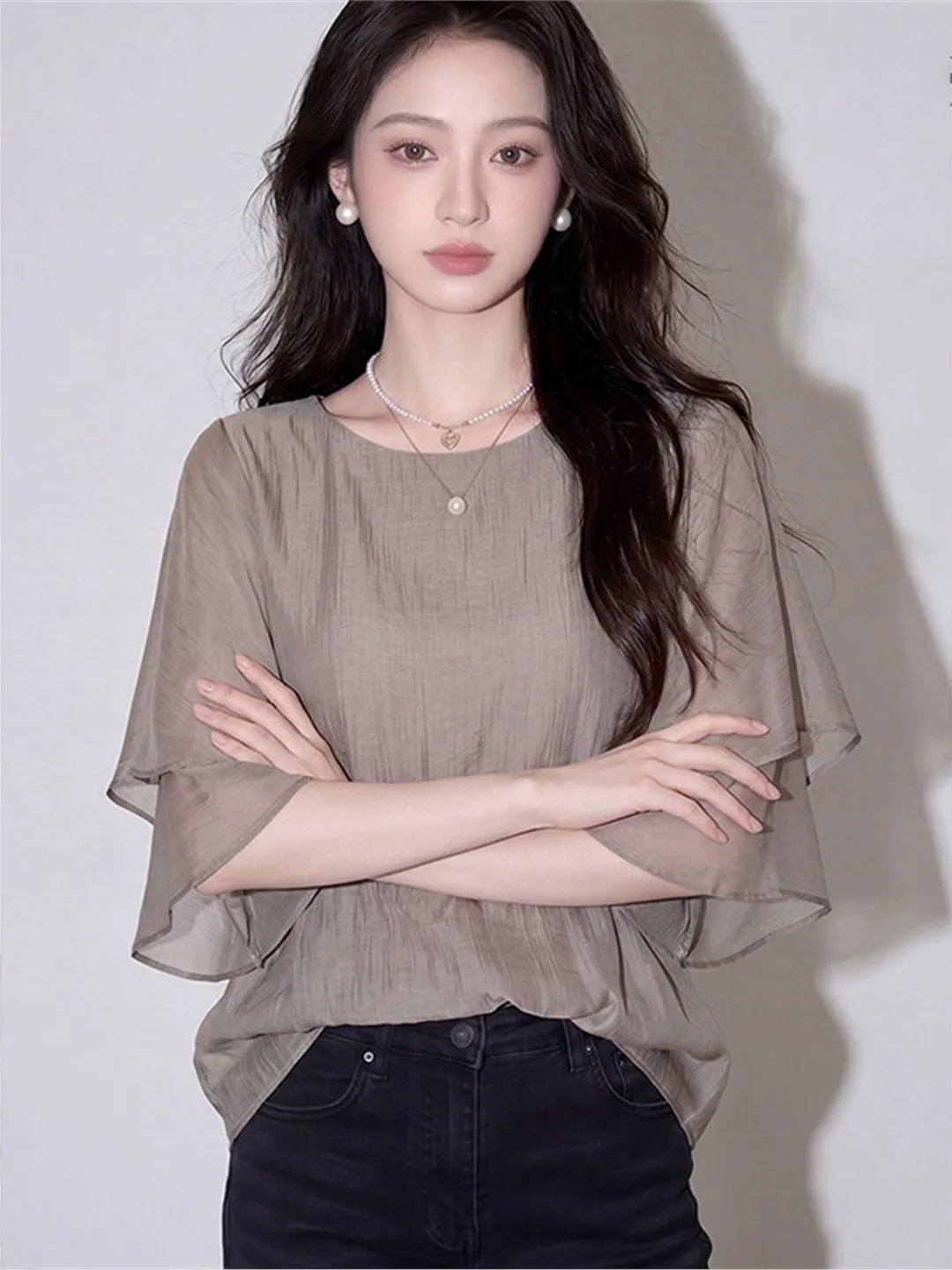 Brand Summer Minimalist Style Semi-Transparent Short Sleeve Batwing Shirt Loose round Neck Casual Versatile Chiffon Blouse