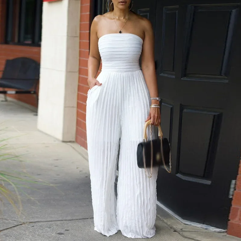 LIBIELIY ผู้หญิง Elegant Backless เอวสูง Solid Party Romper ฤดูร้อนแฟชั่นกระเป๋ายาว Playsuit เซ็กซี่ Bustier แขนกุด Plea