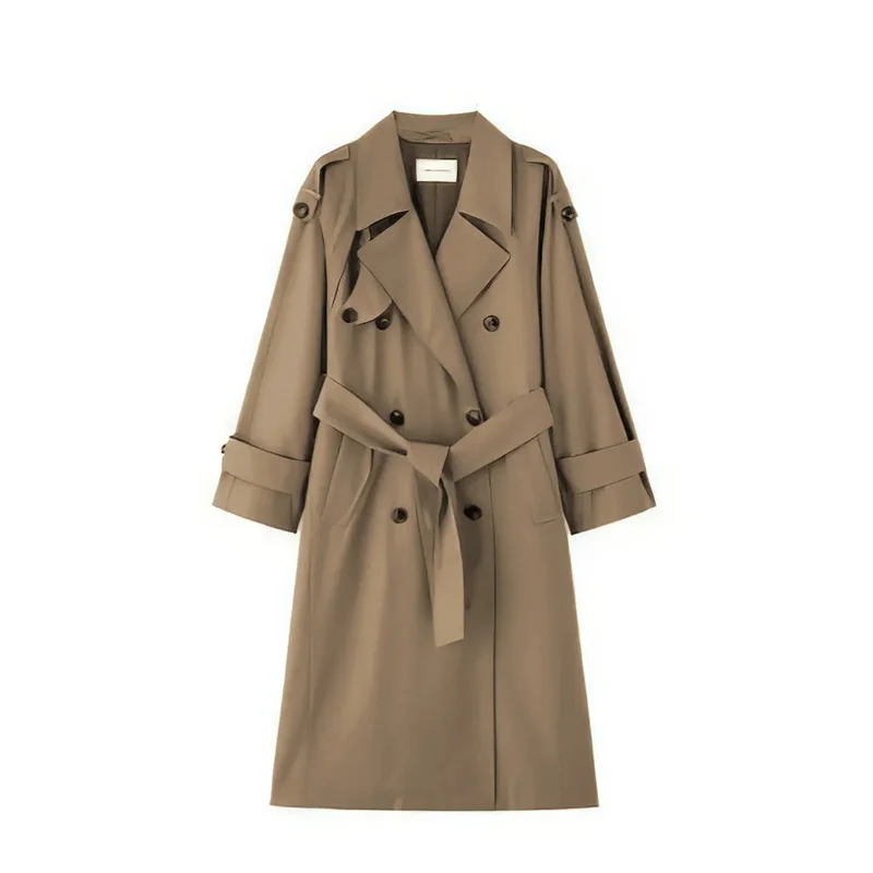 2025 Women Fashion With Belt Solid Double Breasted Trench Vintage Lapel Neck Long Sleeves Female Chic Lady Outfits