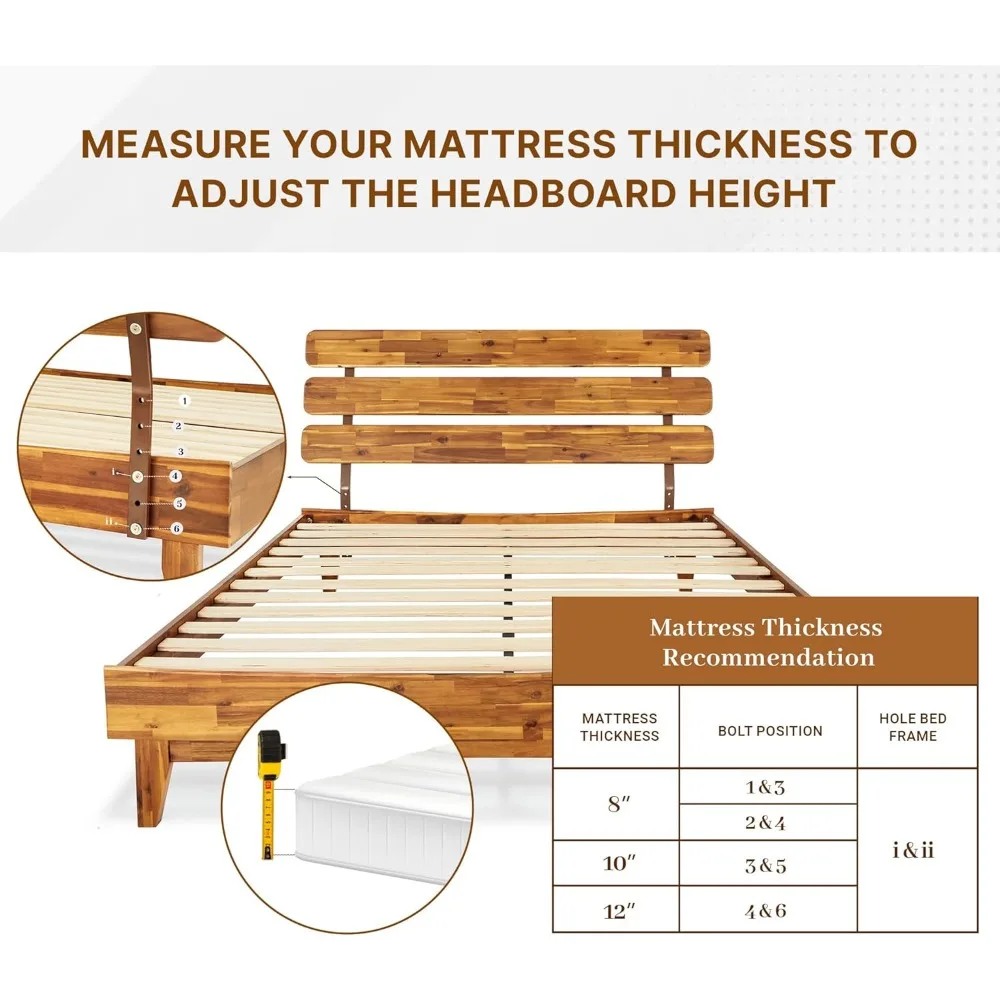 Mid Century 15 Inch Bed Frame with Adjustable Headboard and Wood Slats
