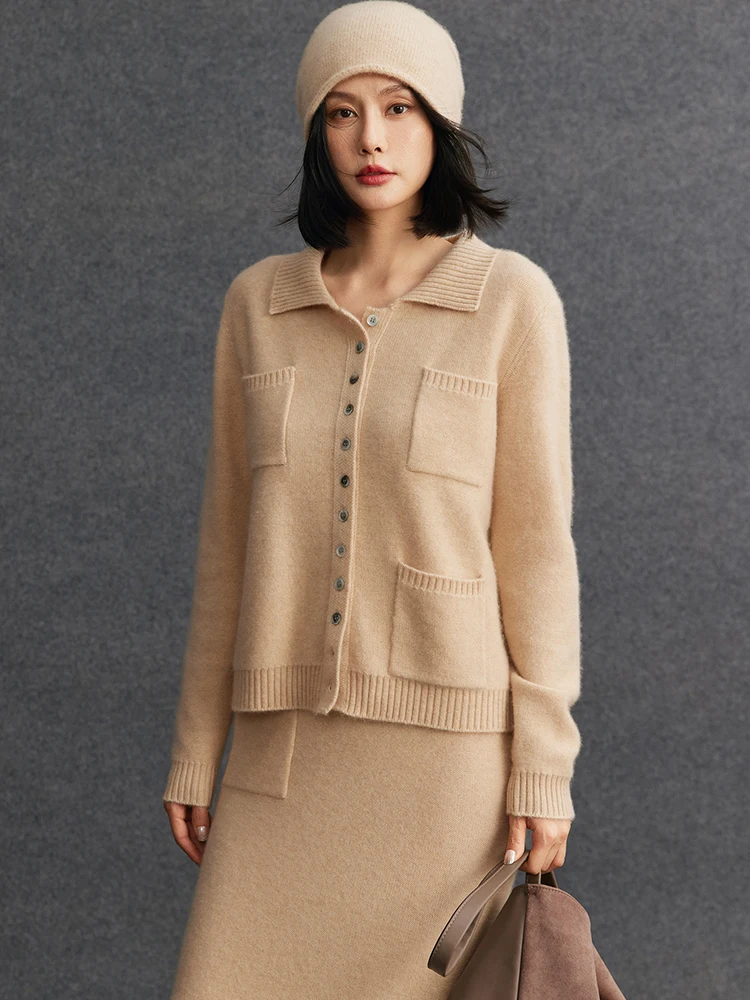 TLOML Women‘s 100% Cashmere Sweater Set Turn Down Collar Buttons Pocket Cardigan Long Skirt Spring Autumn Cashmere Casual Suit - view 6
