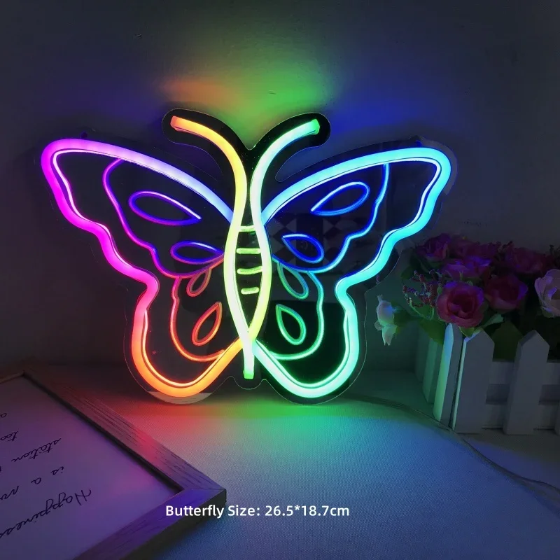 Flash LED Lights Neon Sign Colorful Butterfly Shape Mirror Neon Signs Christmas Decoration Shine Light Room Wall Decor USB Lamp