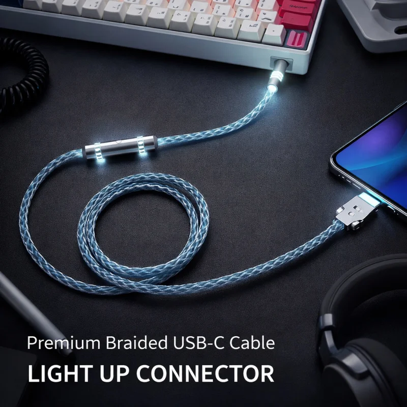 Customized Luminous Hollow Type-C Single Crystal Copper Aviation Plug Cable 8K Magnetic Axis Keyboard Data Cable Charging Cable