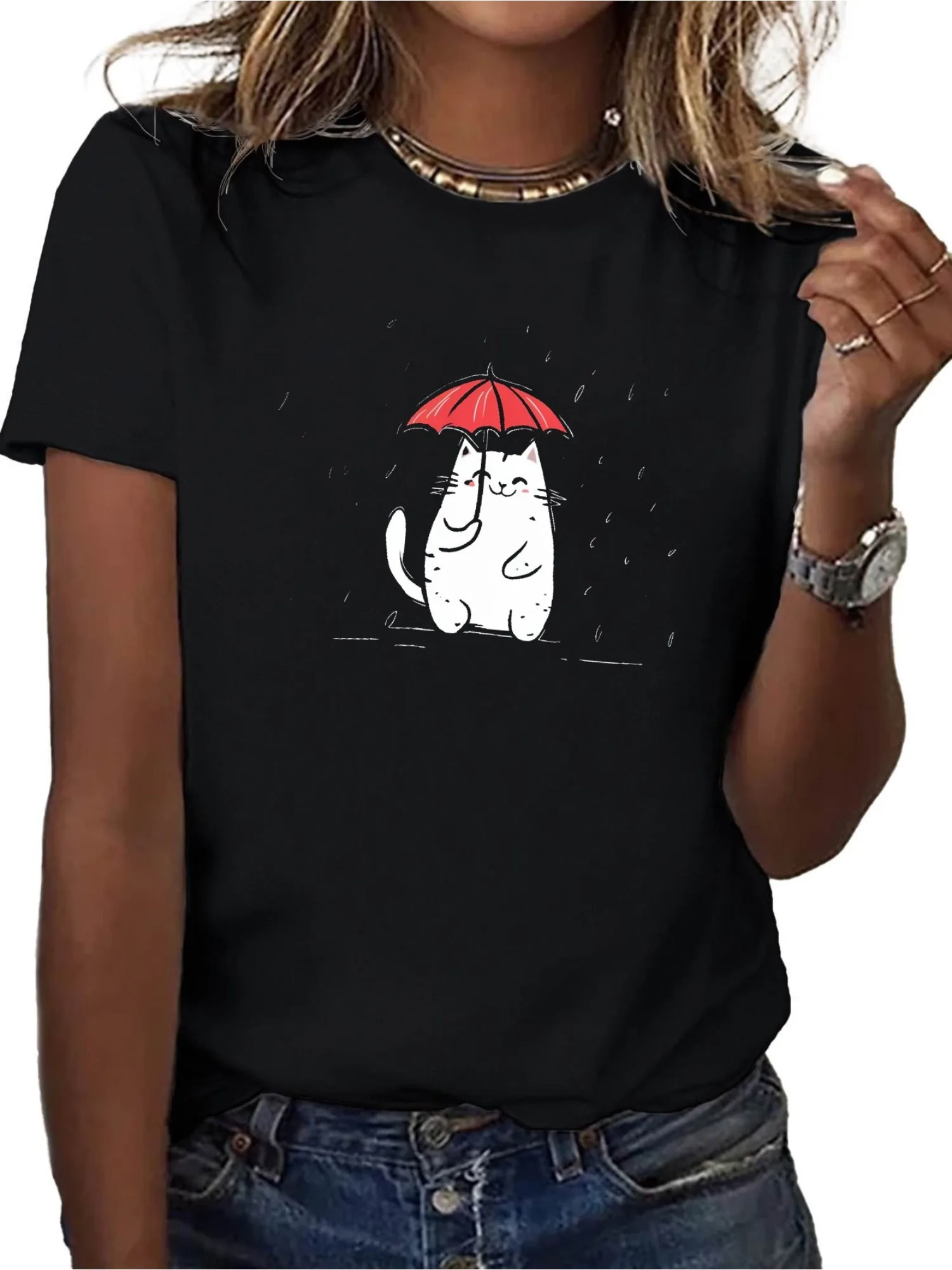 

Женская мягкая футболка с милым котом и зонтиком, удобная повседневная футболка черного цвета с белым дизайном в минималистском стиле