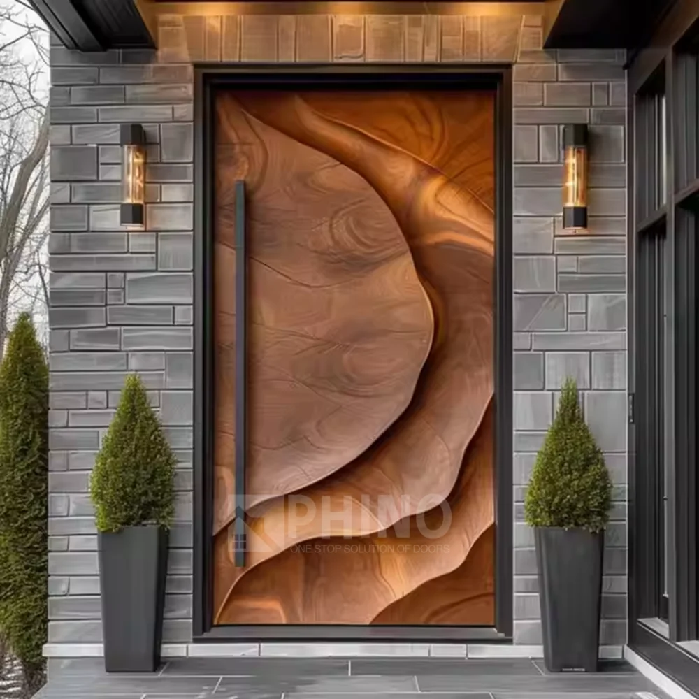 

China Top Manufacturer 3D Carving Wooden Exterior Main Entrance Door Safety Simple Teak Solid Wood Front Entry Door For House