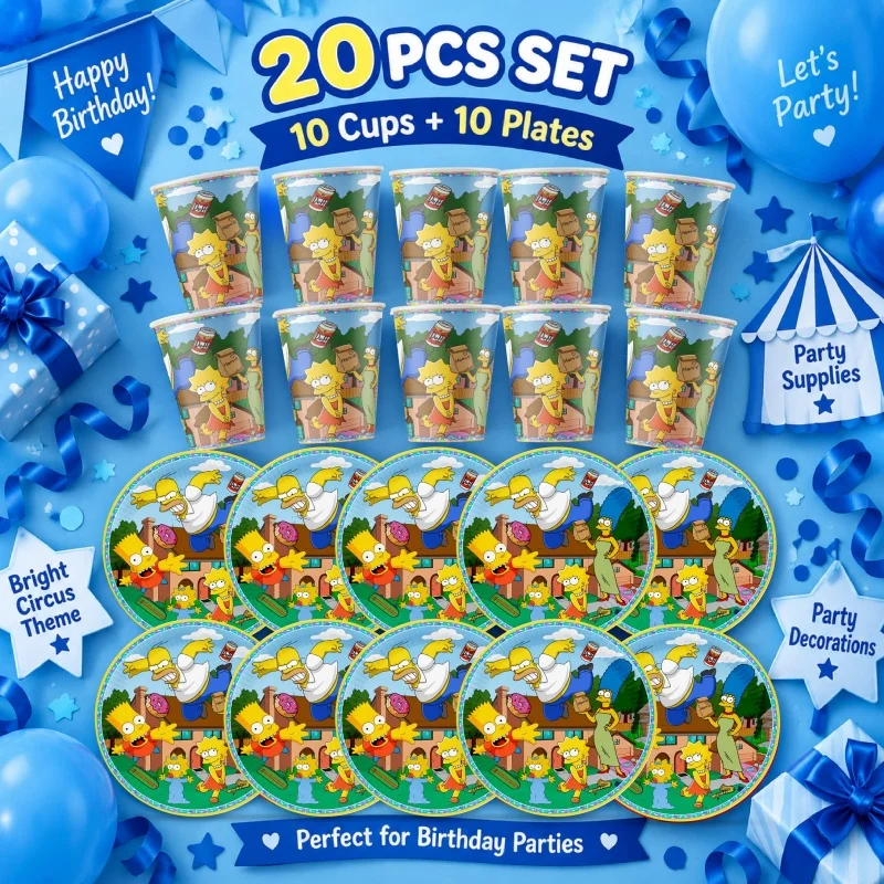 Das Simpsons Happy Birthday Party Dekorations- und Tischgeschirr-Set, bestehend aus Teller, Bechern und Servietten mit Cartoon-Motiven, ist praktisch, langlebig und ein Bestseller. – Detail 3