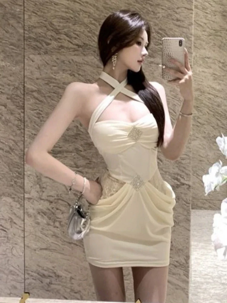 Neue Sexy Halter Frau Liebsten Kleid 2025, Vestidos De Mujer Mode Spitze Patchwork Robe Femme Schlanke Taille Gefaltete Mini Kleider