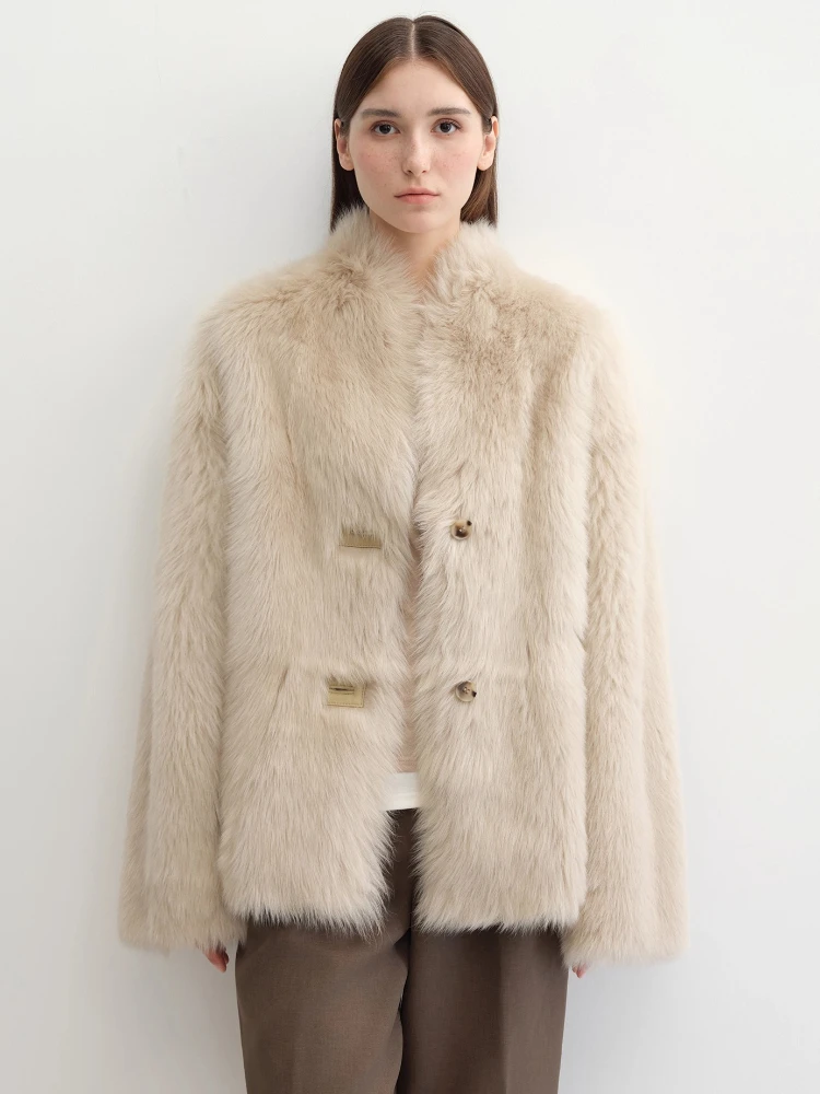 الراقية الفاخرة توسكانا لامب الفراء شيرلينغ الستر للنساء 2025 جديد بسيط الوقوف طوق الشتاء جلد طبيعي معطف الفرو الحقيقي