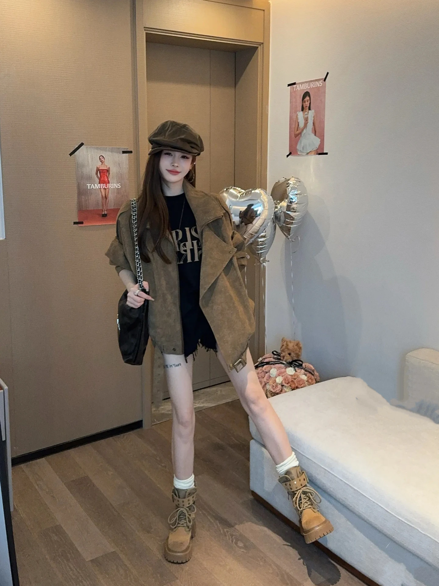 

Байкерские куртки Женская укороченная кожаная флисовая куртка на пуговицах для улицы Художественная впитывающая влагу в ночном клубе Хэллоуин Рождество Crew Fit